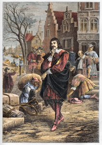 Rene Descartes (1596-1650), ranskalainen filosofi ja matemaatikko, joka kävelee Amsterdamin kaduilla - Descartes Amsterdamissa - kaiverrus kirjasta "" L’histoire de France tellee à mes grandsenfants" - kirjoittanut Francois Guizot - 1872-1876 tekijältä Anonymous Anonymous