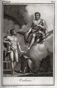 Edustus Vulcanista, tulen, takoman ja tulivuorten jumalasta. (Vulkaani, tulen ja tulivuorten jumala). Kaiverrus vuodelta 1819 Charles Albert Demoustier