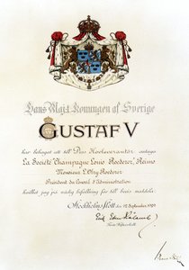 Kuninkaallinen patentti, jonka Ruotsin kuningas myönsi Louis Roederer Houselle vuonna 1929. tekijältä Anonymous Anonymous