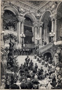 Venäläiset merimiehet kiipeävät suuria portaikkoja gaalaillan aikana Opera Garnierissa Pariisissa. Kaiverrus kirjassa "" Le Petit Parisien"" 29.10.1893. tekijältä Anonymous Anonymous
