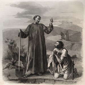 Pyhä Benedictus Nursialainen toivottaa Totilan (6. vuosisadan) tervetulleeksi itägoottien kuninkaan. Kaiverrus vuodelta 1846 kirjassa "Pyhien elämää". Yksityinen kokoelma. tekijältä Anonymous Anonymous