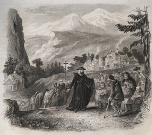 Saint Francois-de-Sales (Saint Francois de Sales) (1567-1622), Geneven esitys pastoraalivierailulla. Kaiverrus vuodelta 1846 kirjassa "Pyhien elämää". Yksityinen kokoelma. tekijältä Anonymous Anonymous
