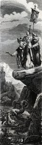 Saint Front (ensimmäinen Perigordin evankelisoija) (3. vuosisata) lohikäärmeen saostamassa Dordognessa - Kaiverrus vuodelta 1846 kirjassa "Pyhien elämää"". Yksityinen kokoelma. tekijältä Anonymous Anonymous