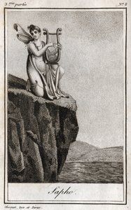 Sapho (tai Sappho, 7. vuosisata eKr.), kreikkalainen antiikin runoilija. Kaiverrus vuodelta 1819 Charles Albert Demoustier