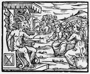 Saatana puhuttelee velhoja - "Compendium Maleficarum", käsittelee noitia, heidän pahuuttaan ja heidän lajittelujaan kirjoittanut Francesco Maria Guazzo tai Guaccio tai Guaccius (15? -16??) 1608 Private Collection tekijältä Anonymous Anonymous