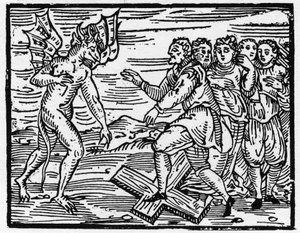 Saatana pakottaa tulevat opetuslapsensa kävelemään ristillä - "Compendium Maleficarum", käsittelee noitia, heidän pahuuttaan ja heidän lajittelujaan Francesco Maria Guazzo tai Guaccio tai Guaccius (15?? -16??) 1608 Private Collection tekijältä Anonymous Anonymous