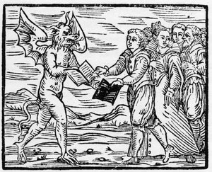 Saatana lahjoittaa seuraajille mustan kirjan vastineeksi evankeliumikirjasta - "Compendium Maleficarum", käsittelee noitia, heidän onnettomuuksiaan ja heidän lajittelujaan Francesco Maria Guazzo tai Guaccio tai Guaccius (15?? -16??) 1608 Private Collection tekijältä Anonymous Anonymous
