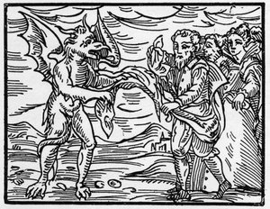 Saatana riisui velhoilta heidän vaatteensa - "Compendium Maleficarum", Francesco Maria Guazzon tai Guaccio tai Guacciuksen (15?? -16??) 1608 Yksityiskokoelma tarjouksia noidista, heidän pahuudestaan ja heidän lajitteluistaan tekijältä Anonymous Anonymous