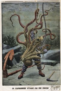 Mustekala hyökkäsi Scaphandlerin kimppuun. Kaiverrus "" Le petit Journal" -lehdessä, 16.6.1912. Yksityinen kokoelma. tekijältä Anonymous Anonymous
