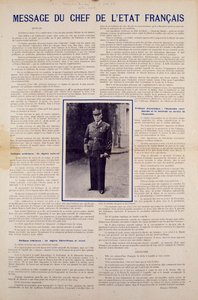 Toinen maailmansota ja Vichyn hallinto: Ranskan valtionpäämiehen Philippe Petainin viesti, joka julkaistiin Ranskan kesäkuussa 1940 allekirjoittaman aselevon jälkeen ja jossa esitellään kansallisen vallankumouksen ohjelma, syksy 1940. Yksityiskokoelma tekijältä Anonymous Anonymous