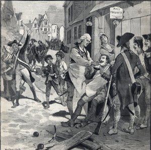 Lillen piiritys vuonna 1792: Maesin peruukki käyttää pommin särkymistä parta-astiana ajellakseen asiakasta. Kaiverrus kirjassa "" Le petit parisien"" 16.10.1892. Yksityinen kokoelma tekijältä Anonymous Anonymous
