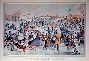 Luistelu Central Parkin jäätyneellä järvellä New York Cityssä, Yhdysvalloissa. 1800-luvun yksityinen kokoelma tekijältä Anonymous Anonymous