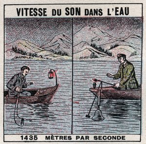 Äänienergia: äänen nopeus vedessä. Jean Daniel (Jean-Daniel) Colladon (1802-1893) ja Charles Francois Sturm (1803-1855) vuosien 1826-1827 kokemukset Genevejärvellä (Leman Lake). Kaksi venettä ankkuroituna 14 km etäisyydellä toisistaan, yksi veneistä kannat tekijältä Anonymous Anonymous