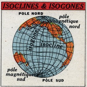 Maan magnetismi: Magneettinen kartta, jossa näkyy isokliinit ja isogonit. Anonyymi kuvitus vuodelta 1925. Yksityiskokoelma. tekijältä Anonymous Anonymous