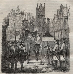 Chevalier Francois-Jean Lefebvre de La Barre (Francois Jean Lefebvre de LaBarre) nousemassa scaffaudiin vuonna 1766. Kaiverrus kirjaan "Vankiloiden historia niiden luomisesta nykypäivään" (1877), Pierre Zaccone (1817-1895) (Colonia Penale - Rangaistussiirt