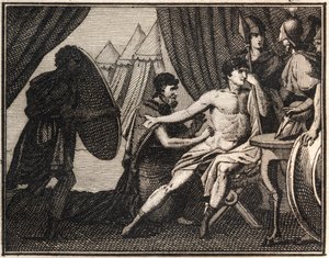 Epaminondasin kuolema (Spartans-taistelun jälkeen Mantineiassa 362 eKr.). Kaiverrus teoksesta "Nuoruuden Rollin tai valikoituja antiikin ja roomalaisia tarinoita" 1816. Yksityinen kokoelma. tekijältä Anonymous Anonymous