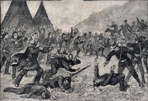Intiaanikapina Yhdysvalloissa: taistelu Sioux-intiaanien ja amerikkalaisten joukkojen välillä. Kaiverrus "" Le petit Parisien"" vuodelta 1891. Yksityinen kokoelma. tekijältä Anonymous Anonymous