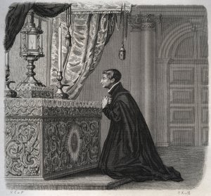 Italialainen jesuiitta Louis de Gonzague (San Luigi Gonzaga) (1568-1591) rukouksessa. Kaiverrus vuodelta 1846 kirjassa "Pyhien elämää". Yksityinen kokoelma. tekijältä Anonymous Anonymous