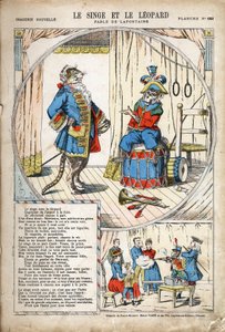Apina ja leopardi. Jean de LA FONTAINE (Lafontaine) (1621-1695) anonyymi kuvitus Les Fablesille. Kuvaus Pont-a-Moussonista, noin 1880. Yksityinen kokoelma. tekijältä Anonymous Anonymous