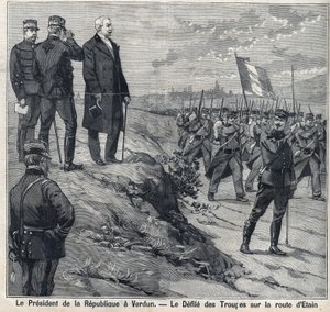 Tasavallan presidentti Felix Faure (1841-1899) vierailee Verdunissa (Maasissa), Etinin tien sotakoulun saastuttajana. Kaiverrus "" Le Petro Parisien"" tekijältä Anonymous Anonymous