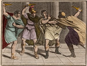 Rooman keisari Julius Caesarin (Jules Cesar - Giulio Cesare tai Caius Julius Caesar) salamurha 15. maaliskuuta 44 eKr. - Kaiverrus "" The Rollin of Youth tai Chosen Pieces of Ancient and Roman Stories"" 1816 - Yksityinen kokoelma tekijältä Anonymous Anonymous