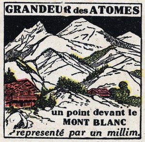 Atomi ja tiede: atomien koko. Mont Blancin edessä oleva piste, jota edustaa millimetri. Anonyymi kuvitus vuodelta 1925. Yksityiskokoelma. tekijältä Anonymous Anonymous