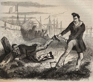 Voiman suurin piina on olla pariton. Taistelu kahden saman ketjun yhdistämän vangin välillä. Bagne de Rochefort 1800-luvulla. Kaiverrus teokseen "Vankiloiden historia niiden luomisesta nykypäivään" (1877), Pierre Zaccone (1817-1895) tekijältä Anonymous Anonymous