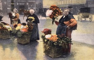 Krysanteemijuhlat: krysanteemikauppias kadulla. Kaiverrus. Yksi sanomalehdestä "" Le petit parisien"" 20.11.1910. Yksityinen kokoelma. tekijältä Anonymous Anonymous