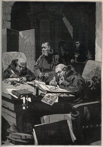 Krysografi: copistee-munkit, jotka suorittivat valaistusta kultakirjaimilla keskiajalla. Kaiverrus vuodelta 1885 kirjassa "Les arts et metiers illustres", kirjoittanut Adolphe BITARD. tekijältä Anonymous Anonymous