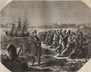 Cordelli (suuren väsymyksen teos) Bagne de Rochefortissa 1800-luvulla. Kaiverrus kirjaan "Vankiloiden historia niiden luomisesta nykypäivään" (1877), Pierre Zaccone (1817-1895) (Colonia Penale - Rangaistussiirtokunta) tekijältä Anonymous Anonymous