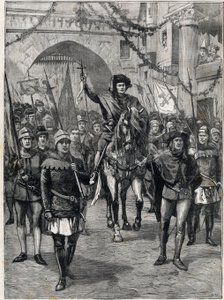 Yritysten kortege 1300-luvulla: Pariisin kauppiaiden esikunta. Kaiverrus. Teoksessa ”Pikku Parisien”, 18.6.1899. Yksityinen kokoelma. tekijältä Anonymous Anonymous
