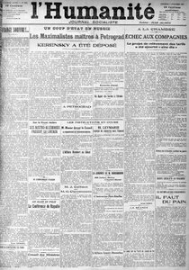 Vallankaappaus Venäjällä sosialistisen sanomalehden "Humanity" otsikoissa. Otsikot: "Mestarit Maximalistit Petrogradissa", "" Kerenski talletettiin""" (Kerenski), 11.9.1917. tekijältä Anonymous Anonymous