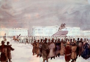 Väkijoukko Senaatin aukiolla dekabristien kapinan aikana vuonna 1825. Pietarissa 14. joulukuuta 1825 järjestetyn lujasti tukahdutetun vallankaappausyrityksen dekabristit tai dekabristit, joiden tarkoituksena oli saada tulevalta tsaarilta perustuslaki halli tekijältä Anonymous Anonymous