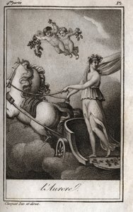 Aamunkoitto (Apollo ohjaa auringon vaunuja). Auringonnousun allegoria. Kaiverrus vuodelta 1819 Charles Albert Demoustier