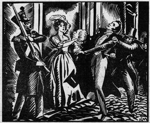 Berryn herttuan (1778-1820) kuolema 13.2.1820 kuninkaallisessa musiikkiakatemiassa”” Kuningas Ludvig XVIII:n veljenpoika murhataan oopperassa Louvelin toimesta, joka haluaa tukahduttaa kuninkaallisen dynastian. Kuva otettu julkaisusta "" Le petit journal i tekijältä Anonymous Anonymous