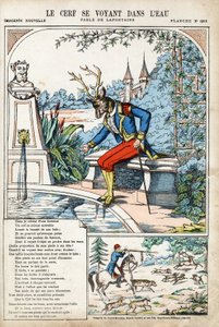 Hirvi näkee itsensä vedessä. Jean de LA FONTAINE (Lafontaine) (1621-1695) anonyymi kuvitus Les Fablesille. Kuvaus Pont-a-Moussonista, noin 1880. Yksityinen kokoelma. tekijältä Anonymous Anonymous