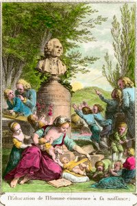 Ihmisen koulutus alkaa hänen syntymästään: äidit lastensa kanssa sekä rintakuva sveitsiläiselle filosofille Jean Jacques Rousseaulle (1712-1778). Kaiverrus 1700-luvun yksityiskokoelmasta tekijältä Anonymous Anonymous