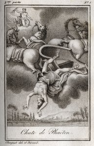Phaetonin putoaminen Phaeton (Phaethon), joka ei kyennyt hallitsemaan Helios-tankkia, osui Zeusin ja putosi Eridan-jokeen. Kaiverrus vuodelta 1819 Charles Albert Demoustier