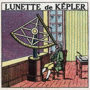 Ensimmäiset optiset instrumentit: Johannes Keplerin (Keppler) (1571-1630) tähtitieteellinen kehys, joka keksittiin noin 1615. Nimetön kuvitus vuodelta 1925. Yksityinen kokoelma. tekijältä Anonymous Anonymous