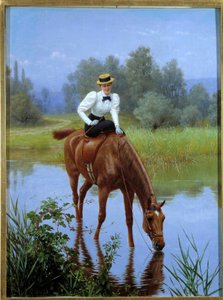 Pysähdys Amazonissa nouseva nuori nainen pysähtyy juottamaan hevostaan. Anonyymi maalaus, 1900-luku Yksityinen kokoelma - The Halt. Sivusatulassa ratsastava nuori nainen pysähtyy juomaan hevostaan. Anonyymi maalaus, 1900-luku. Yksityinen kokoelma tekijältä Anonymous Anonymous