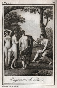 Pariisin tuomio Paimen Parisin on valittava, kenelle hän antaa kultaisen omenan, joka suunnittelee kolmesta jumalattaresta kauneimman, Athenan, Afroditen tai Heran. Kaiverrus vuodelta 1819 Charles Albert Demoustierin kirjaan "Lettres a Emilie sur la mythol tekijältä Anonymous Anonymous