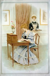 Kirje. Nuori nainen, joka istuu pöytänsä ääressä, kirjoittaa kirjeen. 1800-luvun akvarelli. Yksityinen kokoelma tekijältä Anonymous Anonymous