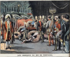 Portugalin kuninkaan Kaarle I:n (1863-1908) obsequet kuolivat salamurhassa 1. helmikuuta 1908. Kaiverrus "" Le Peute Parisien" -sanomalehdestä, 23.2.1908. Yksityinen kokoelma. tekijältä Anonymous Anonymous