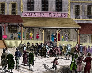 Curtiuksen perustama vahaviikunoiden salonki boulevard du temple Pariisissa 1700-luvulla, kaiverrus, yksityinen kokoelma tekijältä Anonymous Anonymous