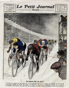 Kuuden päivän kilpailu: Piet van Kempen (1898-1985), Alfred Grenda, Seres ja Maurice Brocco (1883-1965) sprintin aikana. Kaiverrus Le Petit Journal illustressa, 16.4.1922 tekijältä Anonymous Anonymous