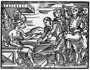 Noidat kunnioittavat paholaista - ”Compendium Maleficarum”, Francesco Maria Guazzo tai Guaccio tai Guaccius (15??? -16??) 1608 Private Collection käsittelee noidista, heidän pahuudestaan ja lajitteluistaan tekijältä Anonymous Anonymous
