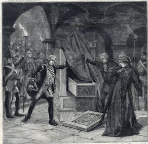 Kellarin näyttämö näytelmässä "" Venäjän Katariina"" Cathelet Paul Ginistyn (1855-1932) ja Charles Samsonin (1894-1895) teatterissa. Kaiverrus "" Le Petro Parisien"" tekijältä Anonymous Anonymous