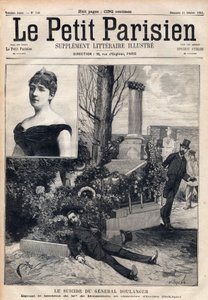 Kenraali Georges Boulangerin (1837-1891) itsemurha Ixellesin hautausmaalla Belgiassa Madame Bonnemainsin haudan edessä. Kaiverrus "" Le petit Parisien"" vuodelta 1891. Yksityinen kokoelma. tekijältä Anonymous Anonymous