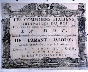 Teatterijuliste, joka esittelee italialaisten koomikoiden esittämiä teoksia "Piste" ja "The jealous lover", 1.9.1788. Pariisi. Carnavalet-museo tekijältä Anonymous Anonymous