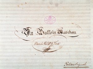 Giuseppe Verdin oopperan Un ballo in maschera -partituurin ensimmäisen painoksen nimisivu tekijältä Anonymous Anonymous